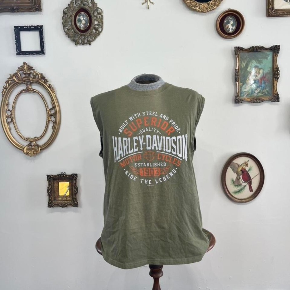 Vintage Harley-Davidson Sleeveless Graphic T-Shirt – Olive Green Biker Tee (2XL)